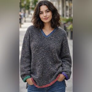 Moda Int’l Vintage Speckled Knit V-Neck Sweater | Cozy Artsy Oversized Fit